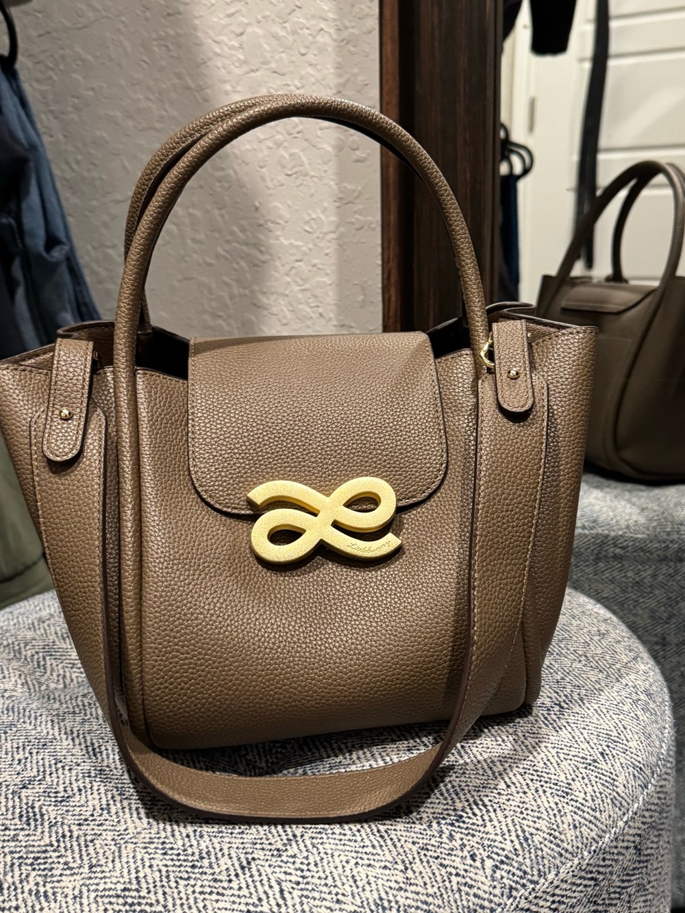 Pebbled Brown Shoulder Tote with Gold Accent